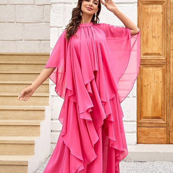 Hot Pink Casual Womens Ruffle Trim Batwing Sleeve Chiffon Dress - Picture 3 of 5